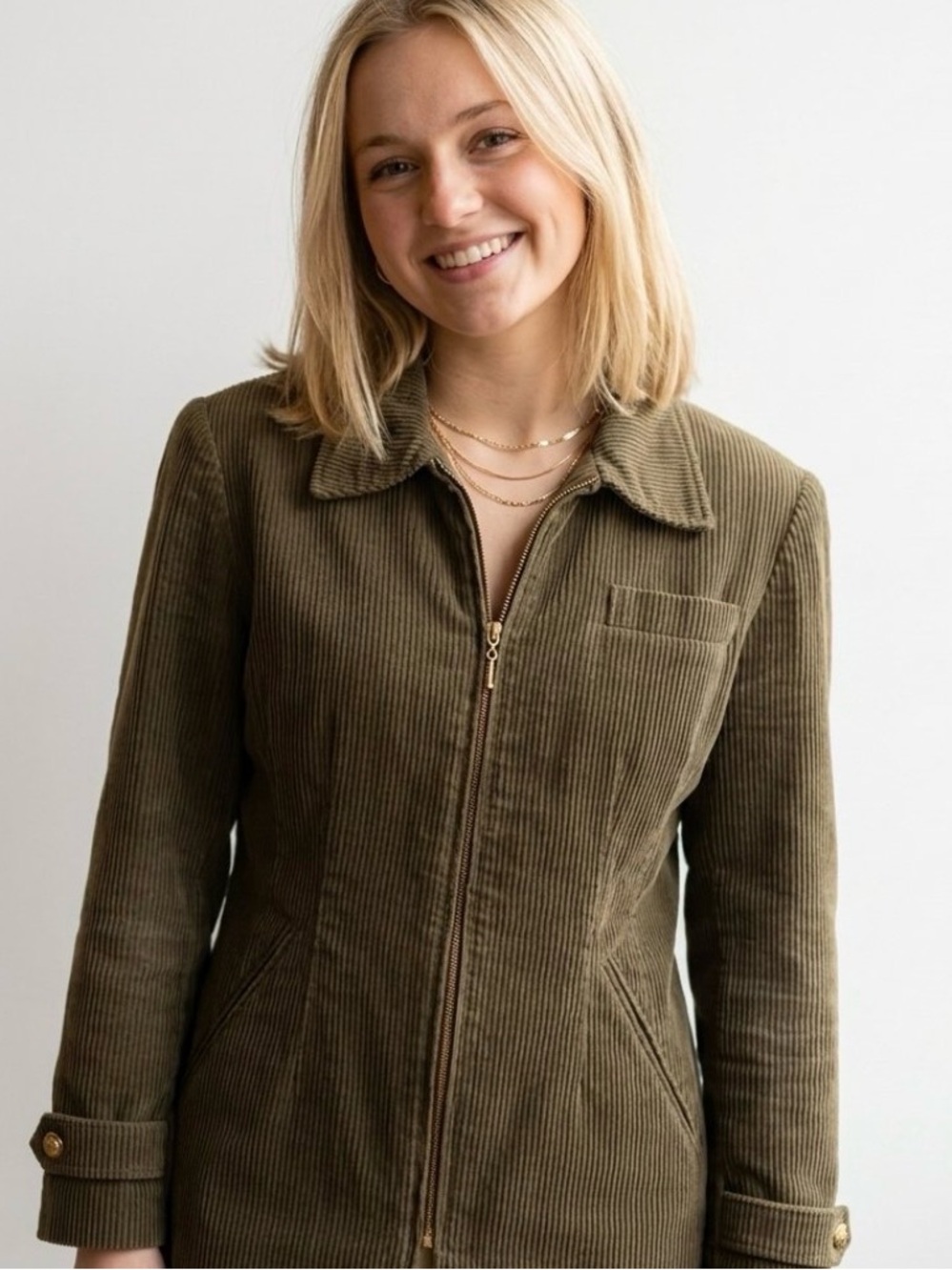 Vintage Corduroy Olive Green Utility Zip-Front Jacket Cotton Lined Women’s L 12